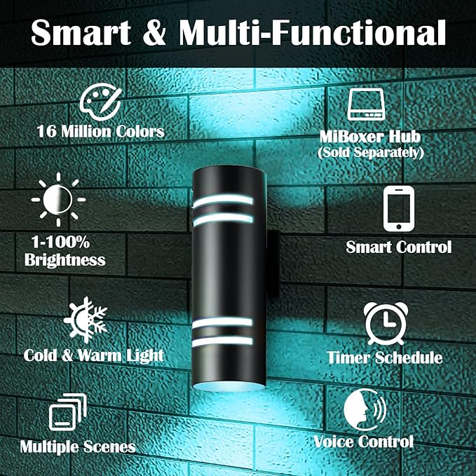 wowlite Outdoor Wall Lights for House, Remote Control Smart RGBCW Up and Down Lights Outdoor Sconce RGB Color Changing, Black Cylinder Aluminum Exterior Lighting Fixtures for Porch Garage, ETL Listed