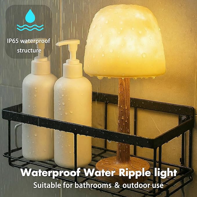 Waterproof Shower Lamp for Inside Shower, Rechargeable Bathroom Lamp with Remote & Touch Control, Cordless Shower Light with 16 Color Changeable, LED Ocean Wave Projector Light for Spa, Walnut Wood