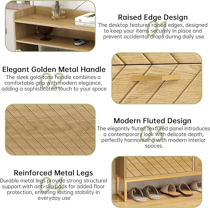 Hadulcet Hidden Shoe Cabinet with 4 Flip Drawers, Long Wood Shoe Storage Cabinet for Entryway Closet, Narrow Freestanding Shoe Rack Organizer w/Adjustable Shelves, Metal Legs, Cupboard, Natural Wood