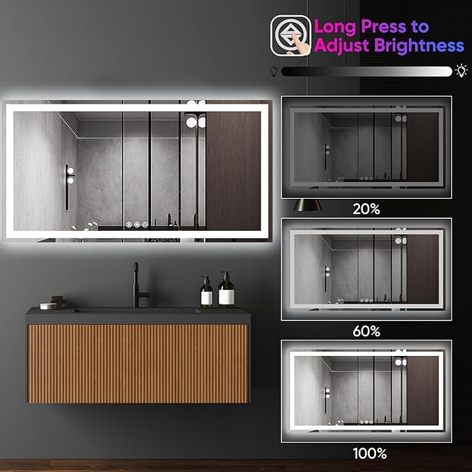 Antok 36"x 72" LED Bathroom Mirror with Lights, Anti-Fog, Dimmable, Lighted Vanity Mirror with Tempered Glass, Memory Function, 11 Light Modes, Safe Use, Horizontal, Vertical, Wall Mount
