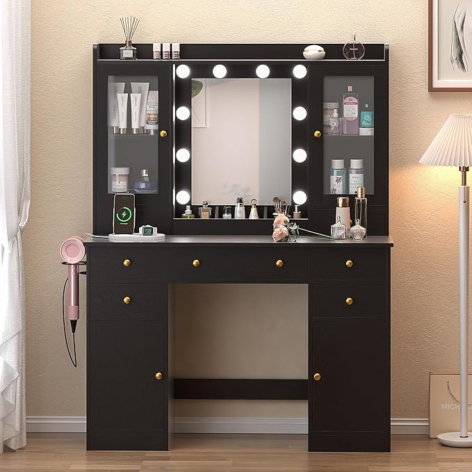 Vanity Desk with Mirror and Lights, 43" Black Makeup Vanity Set with 5 Drawers & Glass Cabinets, Power Outlet, Adjustable LED Lights & Makeup Tray, Dressing Table for Women & Girls Bedroom