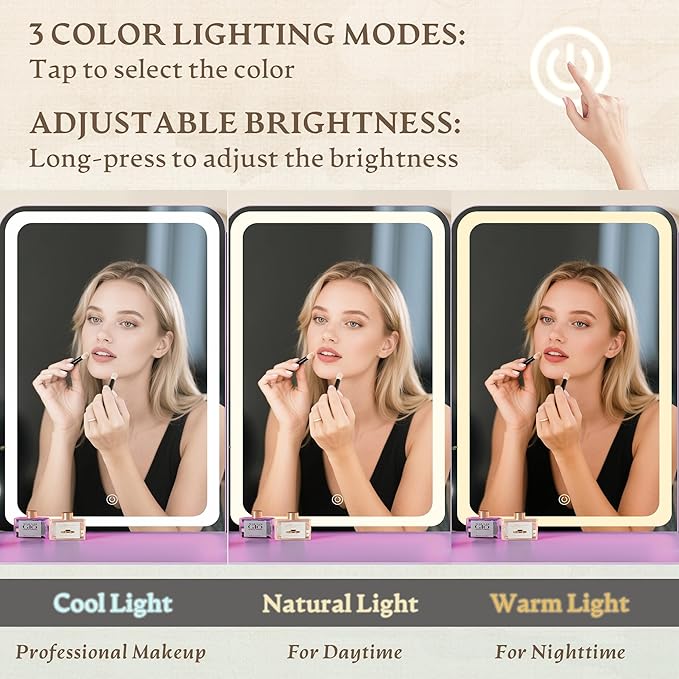 Makeup Vanity Desk with Mirror & Lights, Small Vanity Table Set for Girls with Chair & Power Outlet, Modern Dressing Table with 2 Drawers & 4 Storage Shelves, Adjustable RGB Lighting - Purple