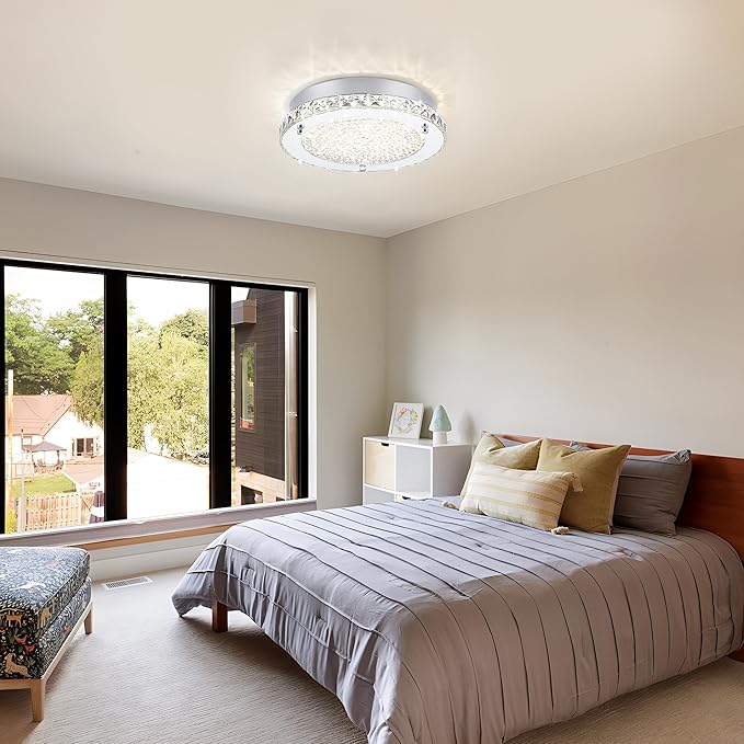Flush Mount Ceiling Light LED Crystal Ceiling Light Fixture Modern 13 Inch Kitchen Lighting Fixtures Ceiling for Bedroom, Hallway, Porch, Dimmable and 3 Color Change