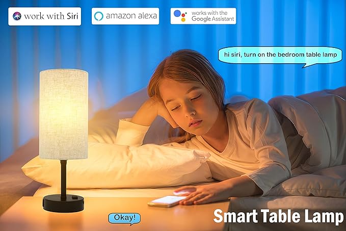 Smart Table Lamp Work with HomeKit, Siri, Alexa, Google Assistant, Smart Beside Nightstand Lamp with AC Outlet & USB A+C Charging Ports, Ambiance Color Changing Bed Table Lamp for Bedroom