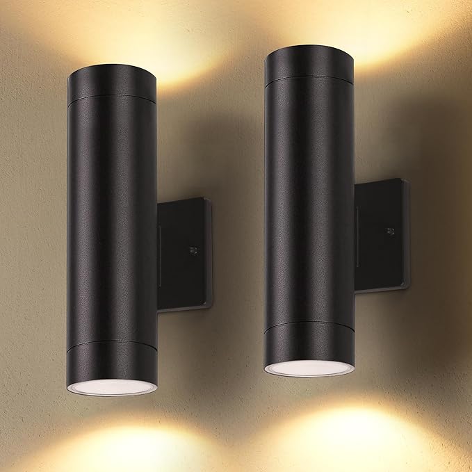 LUTEC Dusk to Dawn Outdoor Wall Lights, 16W Integrated LED Cylinder Up-Down Sconce, 3000K Waterproof Aluminum Exterior Lighting, Matte Black Modern Porch and Entryway Wall Light Fixture, 2 Pack