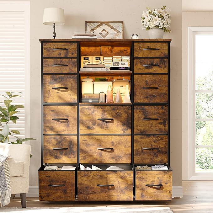 EnHomee 51" H Dresser with 15 Drawers Dresser for Bedroom with Charging Station & LED Lights & Hutch Sturdy Fabric Bedroom Dressers, Steel Frame, Wood Top, Rustic Brown, 51.2" H x 39.3" W x 11.8" D