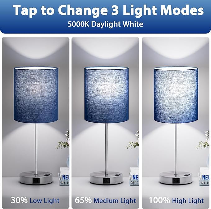 Blue Touch Lamps for Nightstand Set of 2 - Bedside Table Lamp for Bedroom with Dual USB Ports & AC Outlet, 3-Way Dimmable Lamps for Living Room Boys Room, Night Light with 5000K Daylight Bulbs