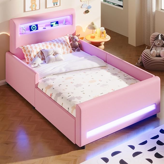 MERITLINE Twin Size Upholstered Platform Bed with Drawer, App-Controlled RGB LED Light Strip & USB Port, PU Fabric Storage Bed (Pink) | LED light, Storage Drawer