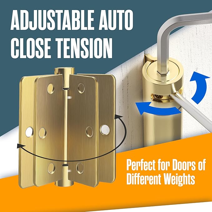 Houseables Self Closing Door Hinges, Spring Hinge Door Closer, Spring Loaded, Auto Close, 3.5 Inch, Automatic Closer, Auto Shut, Interior, Garage, Exterior, Adjustable Tension, 1/4 Radius, Brass, 2 PK