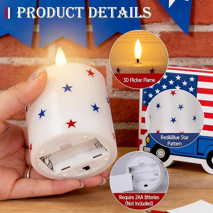 4th of July Flameless Pillar Candles with Red White and Blue Star Stickers, Battery Operated LED Pillar Candles with Remote and Timer, Real Wax Patriotic Candle Set of 3