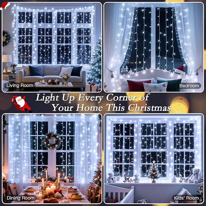 Curtain Lights with Hooks, 200 LED 9.8 x 6.6FT Window String Lights, Plug in Fairy Lights with Remote & Timer, 8 Modes Waterproof Hanging Backdrop Lights for Bedroom, Wedding, Christmas Decor