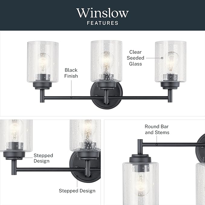 Kichler Winslow 21.5” Vanity Light in Black with Clear Seeded Glass, 3-Light Modern Bathroom Lighting Fixture, 45886BK