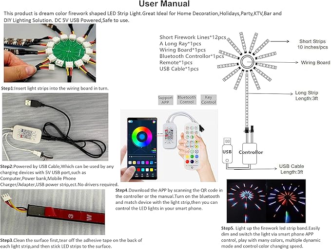 Firework LED Strip Lights Dream Color RGB Changing Music Sound Sync Bluetooth Firework Lights with Remote Control DC 5V USB LED Strip Lights for Home,Party,Storefront,Window,Holiday Decoration