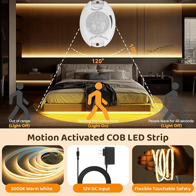 Under Bed Lights Motion Sensor COB Strip, 2-Pack of 6.56Ft Warm White Motion Activated LED Strip Lights with Dimmer, 12V Motion Sensor LED Light Strip Indoor for Bedside Cabinet Kitchen Closet Stair