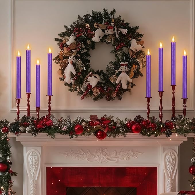 Purple Flameless Taper Candles with Remote, 3 Pack Flickering LED Candlesticks, Real Wax Battery Operated Christmas Window Candles for Winter Home Holiday Decoration