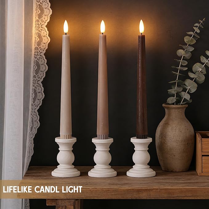 Brown Flameless Taper Candles with Remote, 9.6 Inches Real Wax Battery Operated Candles, 3 Pack Flickering LED Candlesticks, Tall Taper Fake Candles for Home, Wedding, Party