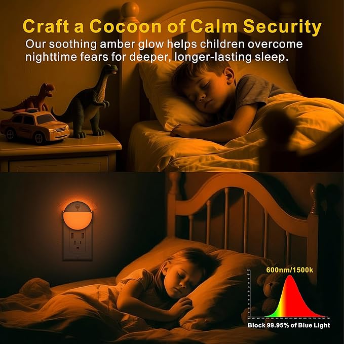 2 Pack Plug in Sleep Night Light with Motion Sensor and Dusk to Dawn Sensor, 3 Modes, Soft Glow, Stepless Dimming, LED Lights for Bedroom, Sleep, Baby Nursery, Kids, Toddler, Home Decor (Amber)