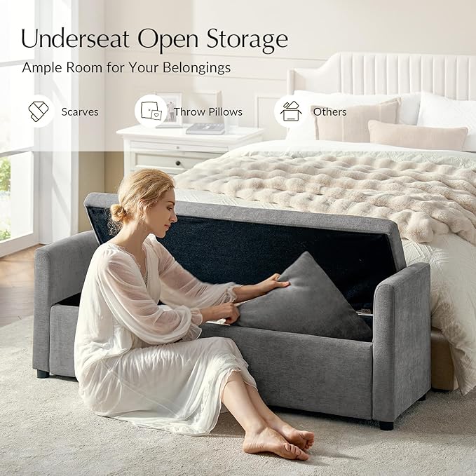 59.5" Modern Storage Ottoman Bedroom Bench, End of Bed Bench with Arms and Throw Pillows, Footrest Stool for Living, Dining Room, Entryway and Hallway, Grey