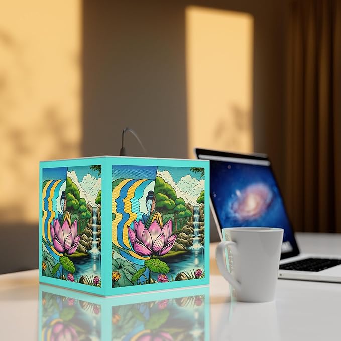 Decorative Custom Zen Garden Light Cube Lamp with Lotus Design, 11.7 x 11.5 x 11.5 inches, Turquoise