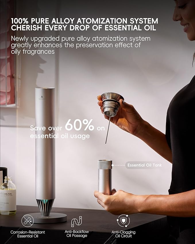 Wireless Rechargeable Hotel Scent Diffuser Starter Kit - 1500 Sq Ft Coverage, Alloy Atomization System,Mood Light,Waterless Oil Diffuser, Including 120ml Essential Oil, for Home,Large Room,Spa,Silver
