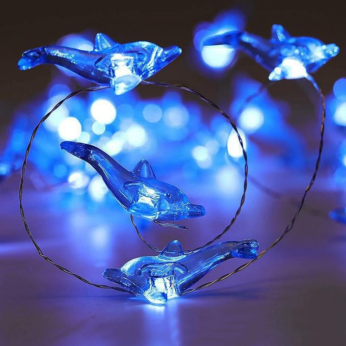 Decorman Dolphin Decorative String Lights, 14ft 40 LED 8 Modes Cool White Weatherproof Battery Operated Ocean Theme Lights for Bedrooms Parties Weddings Gardens with Remote and Timer
