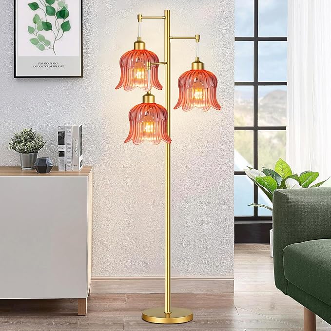 Pink Floor Lamp for Living Room,Bedroom,Gold Mid Century Modern Standing Lamp Brass Tree 3 Light Tall Floor Lamps Floor Lights Glass Flower Lamp Shade Girls Kids Boho Bohemian