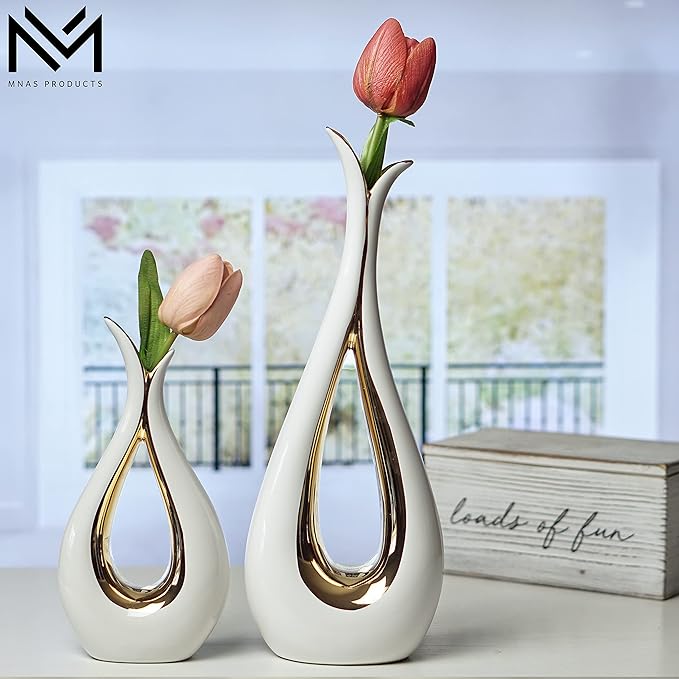 White Ceramic Decorative Vases, Set of 2, Nordic, Modern, Minimalist Design, for Home Decor, Bedroom, Weddings, Restaurants, Office and More
