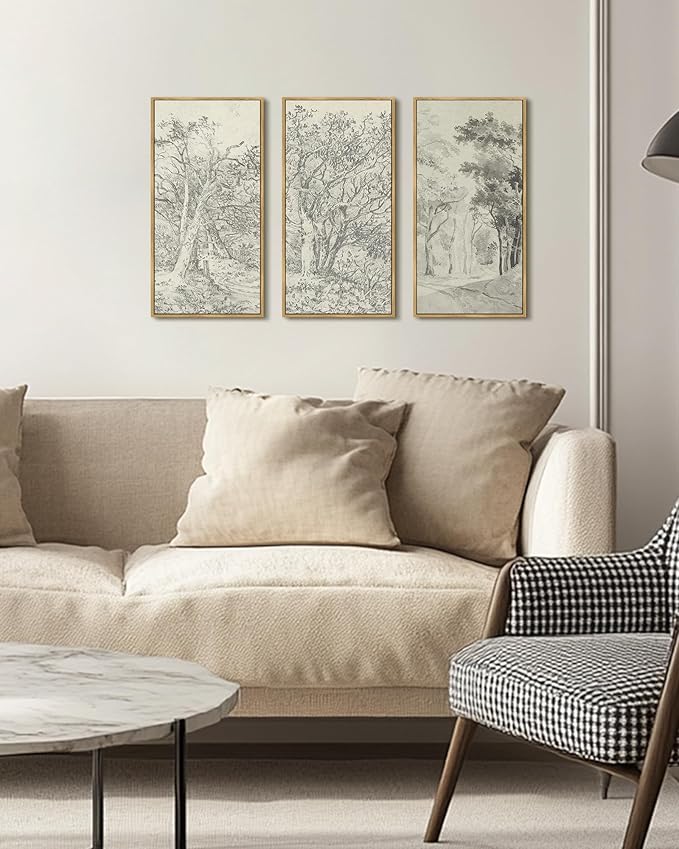 KUVIOKE Vintage Sketch Trees Drawings Farmhouse Wall Art for Living Room Bedroom Ready to Hang 8x16in3pcs Natural Framed
