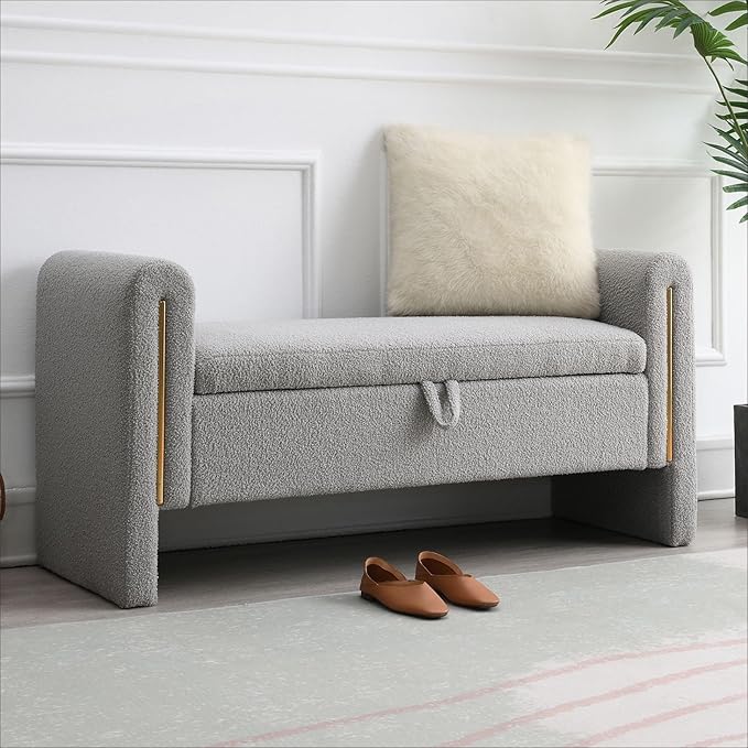 Modern 52" Storage Ottoman Bench, Upholstered End of Bed Storage Bench with Armrests, Entryway Bench, Teddy Foot Rest Stool for Living Room Hallway Bedroom (Grey)