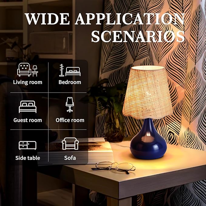 Navy Blue Small Table Lamp, Mini Bedroom Lamps for Bedside Nightstand, Rattan Shade Small Table Lamps for Small Spaces for Kitchen Counter, Bookshelf, Home Office, Living Room, Dorm