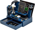 Nightstand Organizer for Men with Large Drawer, Wood Phone Docking Station for Phone, Apple Watch, Wallet & Keys, Ideal Birthday Gift for Father Husband, Bedside Desk Organizer (Blue)