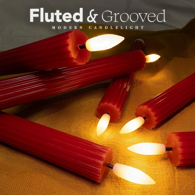 WYZworks 10" Fluted Ribbed LED Red Grooved Pillar Candles, Remote & 24h Timer Memory, On/Off Switch - Flameless Dimmable Battery Operated w/Flicker Mode, Home Wedding Decor (12 Pack)