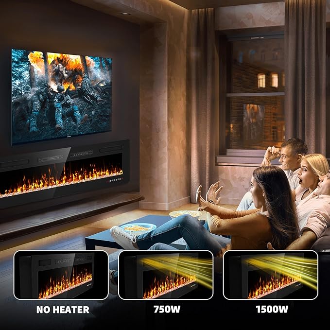 60” Electric Fireplace Recessed and Wall Mounted Fire Places with Remote Control, Touch Screen