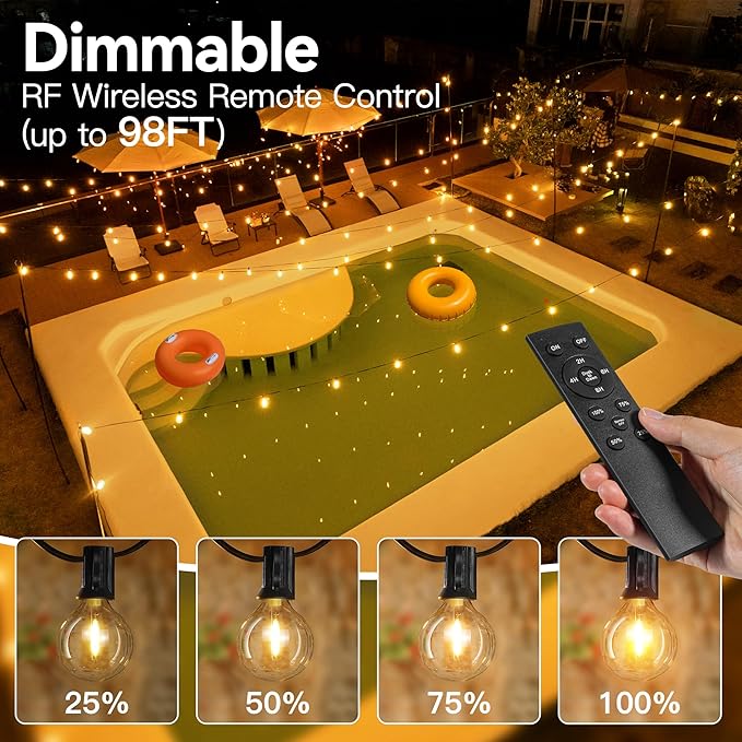 50FT Outdoor String Lights with Remote Dimmer, 25 + 2 Spare Led G40 Bulbs Connectable Dimmable Balcony Lights, Support Timer Waterproof Shatterproof for Patio Porch Garage Cafe