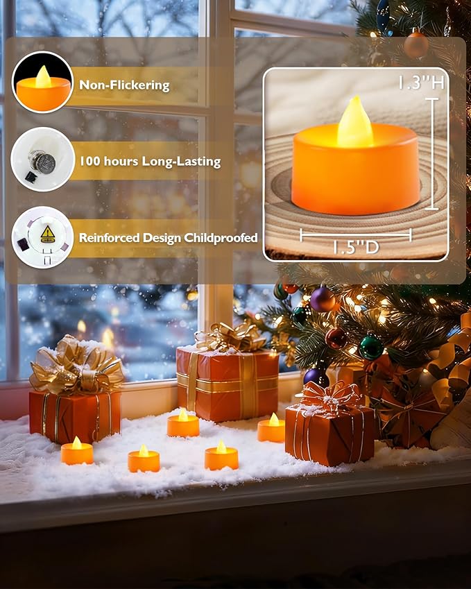 Amagic Halloween Orange LED Tea Lights Candles, 24 Pack Battery Operated Flameless Tea Lights, Long Lasting Colored Tealights Candles for Christmas, Holiday Decor, Theme Party, Table Decor