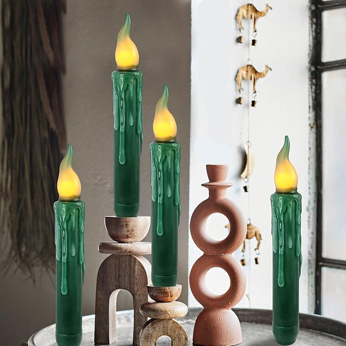 Dark Green Flameless Short Taper Candles, Real Wax Hand Dipped LED Battery Operated with Remote, Flickering Flame Lights for Festival Party Home Décor, 6.7 Inch Primitive Flameless Candles, 4PCS