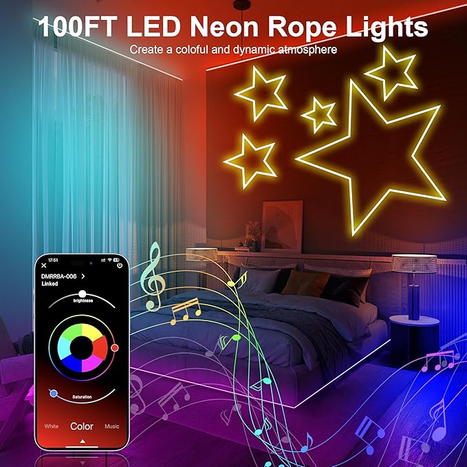 Nexillumi 100FT Neon LED Rope Lights IP67 Waterproof LED Lights for Bedroom Flexible LED Light Strip with Remote and APP Control RGB Lighting Strip for Indoors Outdoors Bedroom Room Home Decor