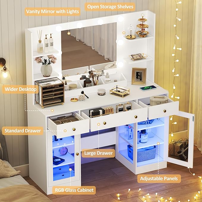 Vanity Desk with Mirror and Lights, Large Makeup Vanity Set with Power Outlet & RGB Glass Cabinet, 3 Drawers, White Vanity Mirror with Lights Dressing Table for Girls Women, 3 Color Modes