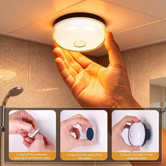 Loscarol Rechargeable Shower Lights with Remote, 15 RGBW Color Changeable Shower Lamp Waterproof, Dimmable ＆Timer Ceiling Light, Wireless LED Mood Lighting for Bathroom, Closet (Black, 4-Pack)