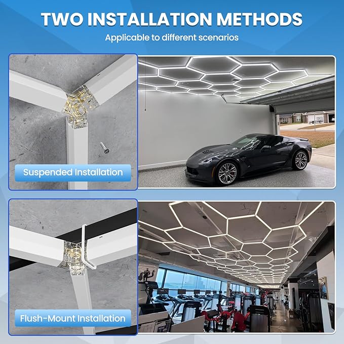 Hexagon Garage LED Ceiling Light 98W, 11700 Lumens, 6500K Ultra-Bright Expandable DIY Design Ideal for Auto Detailing, Workshops, Basements, Barber Shops, Gyms, and More (3 Pack)