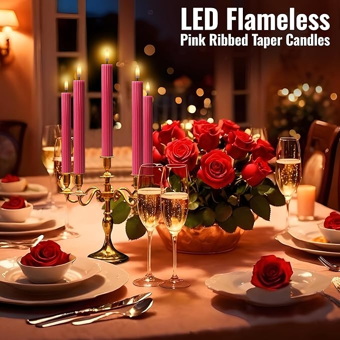 6 Pack, 10" LED Flameless Pink Ribbed Taper Candles w/Remote Controller, On/Off Button, Dimmable, Flicker/Static Mode, Battery Operated, Holiday Christmas Menorah Home Wedding Decor