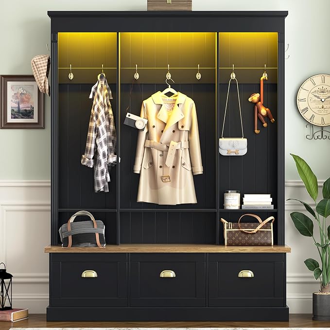 LUMISOL Hall Tree with Storage Bench, Entryway Coat Rack with LED Light and 3 Large Cabinets, Entryway Bench with Shelves and 9 Hooks, for Entrance Mudroom Living Room, Black