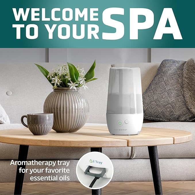 PureGuardian 1-Gallon Ultrasonic Cool Mist Humidifier with Aroma Tray, 70-Hour Run Time, 320 Sq. Ft. Coverage, Filter Free, Silver Clean Treated Tank, for Home, Bedroom, Office, H965WC