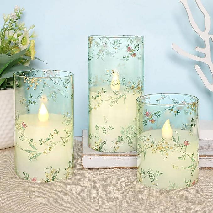 Flameless Candles with Remote Control, Flickering LED Glass Candles, Battery-Operated with Timer and Adjustable Brightness, Floral Branch Design for Home Decor and Wedding, Set of 3