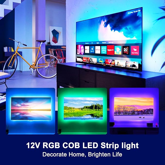Bluetooth RGB COB Led Strip Lights,9.8ft Dimmable 12v Led Light Strip with Smart App and Remote Control, Color Changing Music Sync, for TV, Bedroom, Home Decor, Party