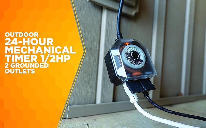 Southwire Woods Outdoor 24-Hour Mechanical Timer - Dual Grounded Outlets - Energy-Saving Power Control - Waterproof Design - Programmable Outdoor Timer - Black