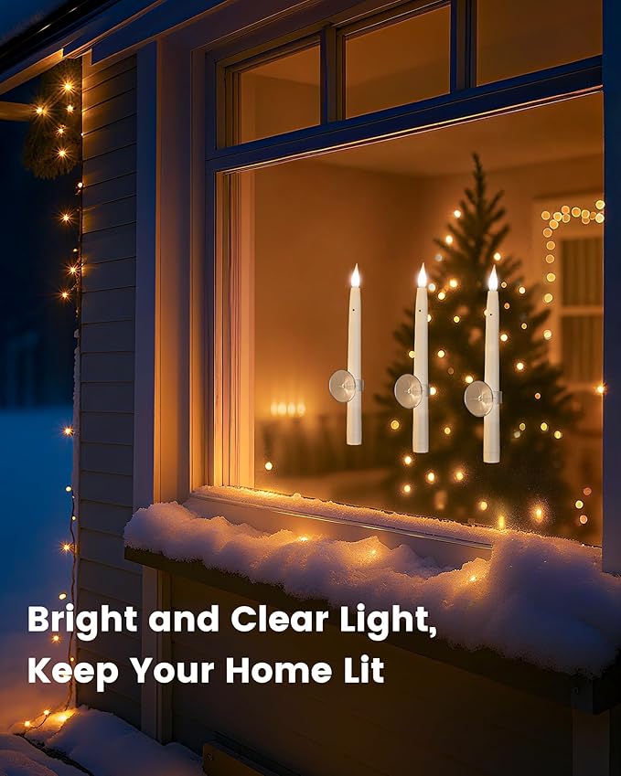 SURAIELEC 10.5'' Battery Window Candles with Suction Cups, Dusk-to-Dawn Christmas Window Candles, 5000K Cool White, Flameless LED Candle for Windows, 6 Pack (Rechargeable Battery Not Compatible)
