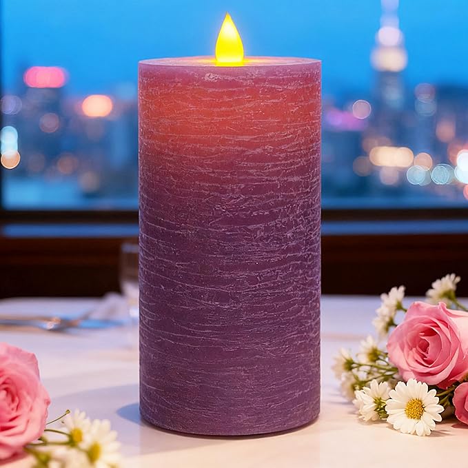 Flickering Flameless Candle with 3D Moving Flame, with Remote and Timer, Real Wax Candles, LED Pillar Water Ripples Battery Operated Candle for Wedding, Christmas, Home Decor (Purple)