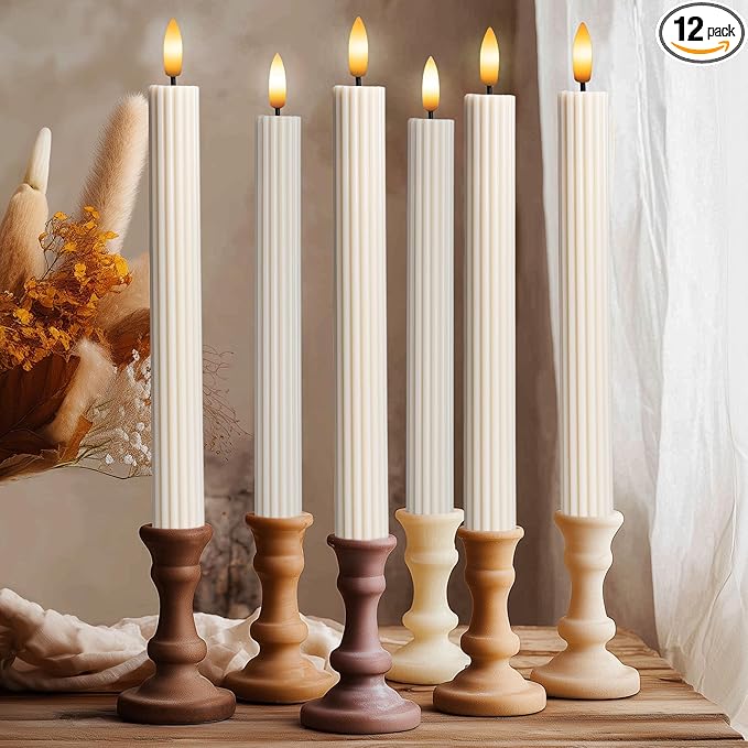 12 Pack, 10" LED Flameless Cream Beige Fluted Ribbed Grooved Taper Candles, Remote & 24h Timer Memory, On/Off Button, Dimmable, Flicker Mode, Battery Operated, Christmas Menorah Wedding