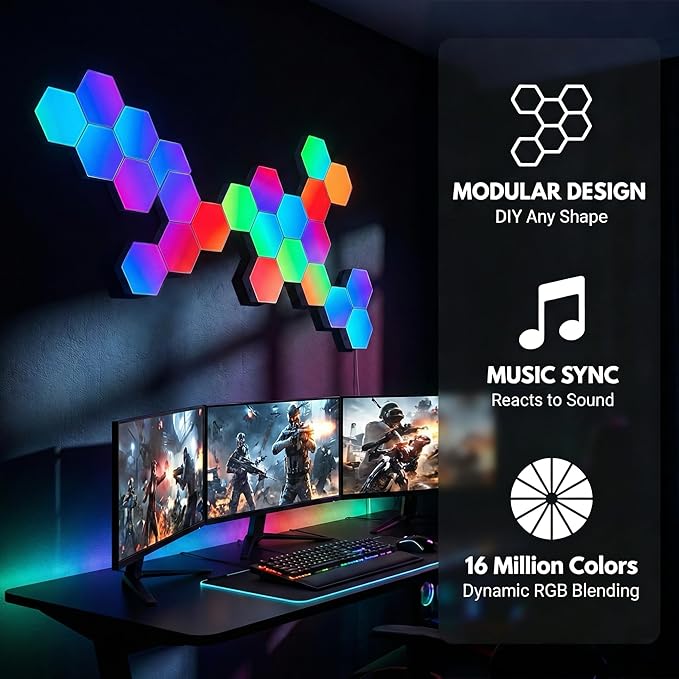 Hexagon LED Light Wall Panels – RGB Smart Gaming Light with App, Remote and Music Sync, Modular Gaming Wall Decor for Bedroom, Game and Living Room(20-Pack)
